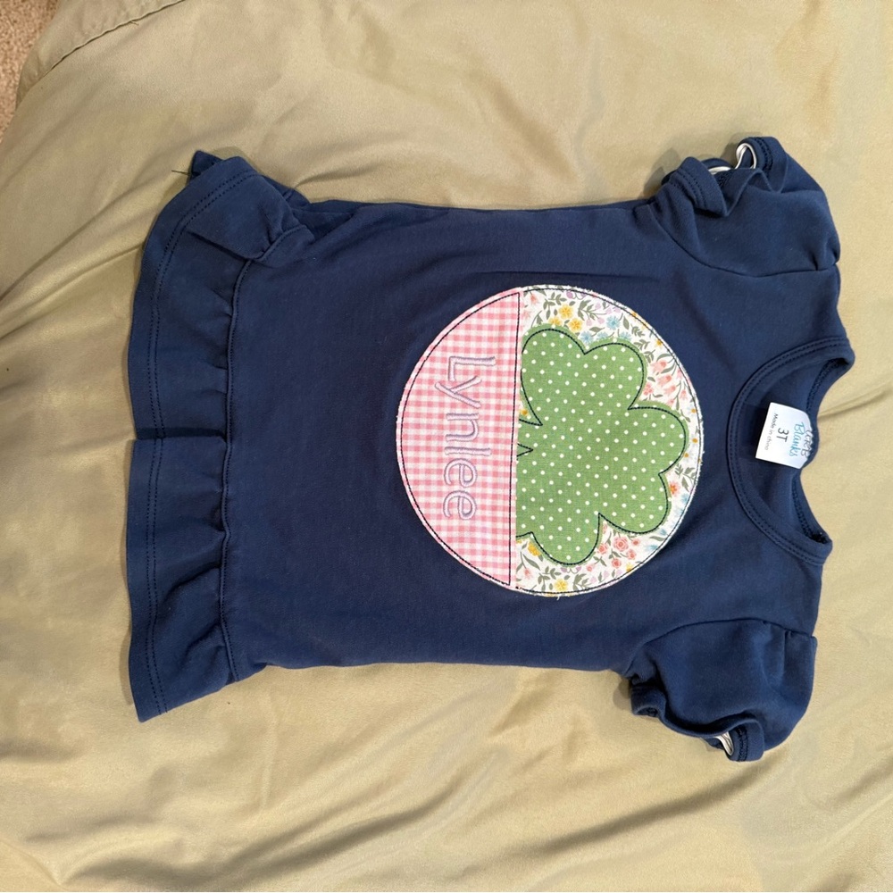 Blue Ruffle Sleeve Shirt with Green Clover Design monogram Lynlee